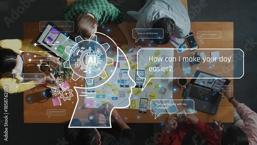 Fényképezés Aerial view of a collaborative workspace with diverse individuals using technology to enhance teamwork