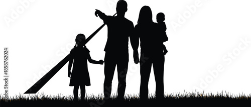 Silhouette family standing together outdoors, parents and children pointing toward future, symbolizing hope, unity, guidance, parenting, and family values