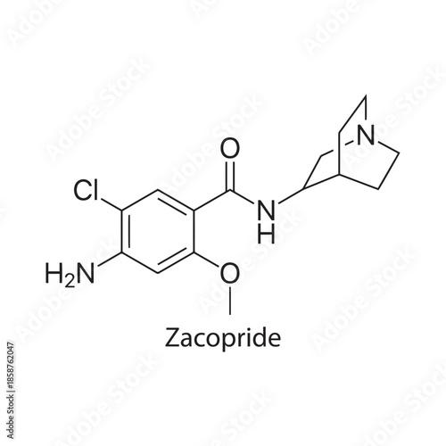 Zacopride molecule chemical structure – serotonin receptor agonist drug used in gastrointestinal motility research, skeletal formula on white background
