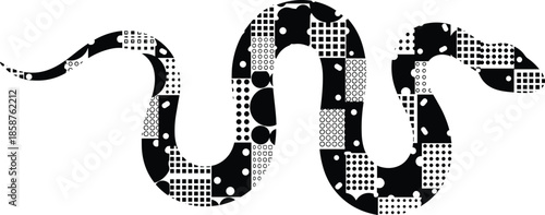 Black and white snake vector illustration with geometric polka dot and checkered patterns, modern reptilian silhouette isolated on white background for design.
