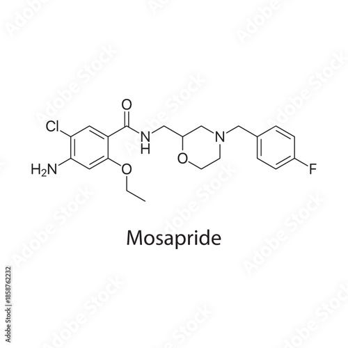 Mosapride molecule chemical structure – serotonin receptor agonist prokinetic drug used for gastrointestinal disorders, skeletal formula on white background