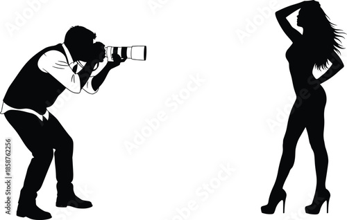 Silhouette photographer capturing elegant female fashion model posing in studio, professional photoshoot concept highlighting glamour, creativity, modeling industry, and artistic photography