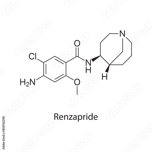 Renzapride molecule chemical structure – serotonin receptor agonist prokinetic drug used for gastrointestinal disorders, skeletal formula on white background