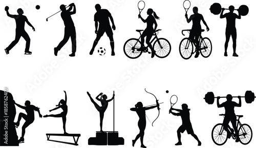 Sports activity silhouettes set showing athletes playing golf, soccer, cycling, tennis, gymnastics, climbing, archery, and weightlifting in dynamic action poses