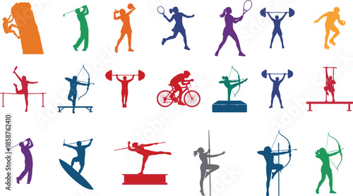 Colorful sports silhouette collection featuring athletes in golf, cycling, tennis, archery, gymnastics, weightlifting, climbing, surfing, and dynamic fitness activities