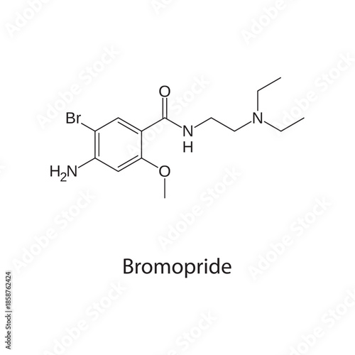 Bromopride molecule chemical structure – dopamine antagonist prokinetic drug used for gastrointestinal motility disorders, skeletal formula on white background