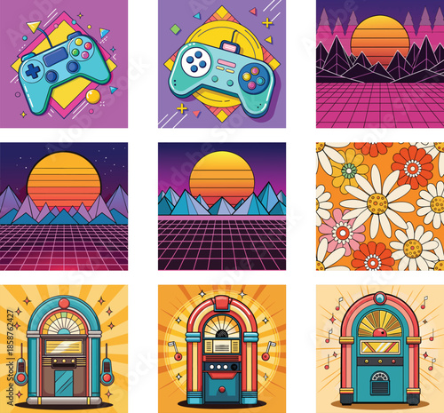 Retro Style Gaming and Music Icons with Vintage Landscapes Vector Illustration