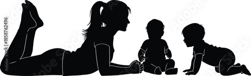 Mother playing with babies silhouette illustration showing family bonding, childcare, parenting love, early childhood development, and tender moments at home