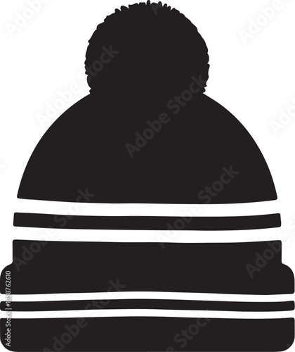 Black and white silhouette of a person wearing a hat and striped shirt with a pom on also transparent background