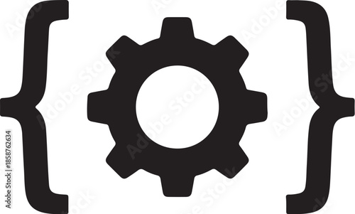 Black gear enclosed within square brackets on a white background also transparent background