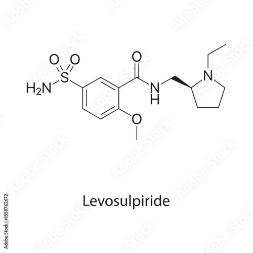 Levosulpiride molecule chemical structure – dopamine antagonist antipsychotic and prokinetic drug used for GI and psychiatric disorders, skeletal formula on white background