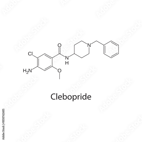Clebopride molecule chemical structure – dopamine antagonist prokinetic drug used for gastrointestinal disorders, skeletal formula on white background