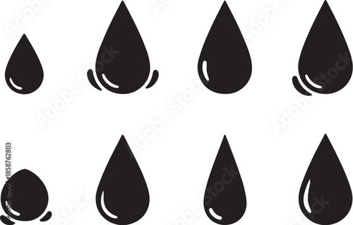 Seven black water droplets with white ripples on a white background also transparent background