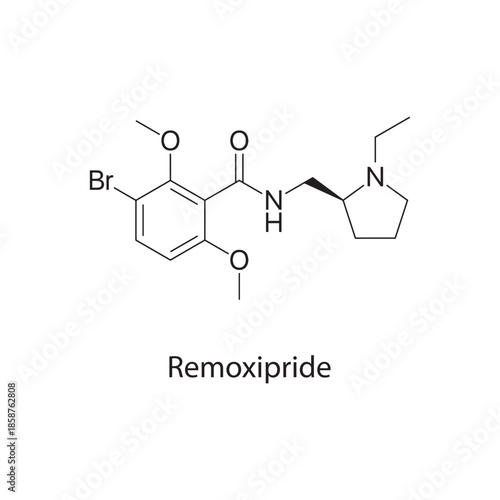 Remoxipride molecule chemical structure – dopamine antagonist antipsychotic drug used for schizophrenia treatment, skeletal formula on white background
