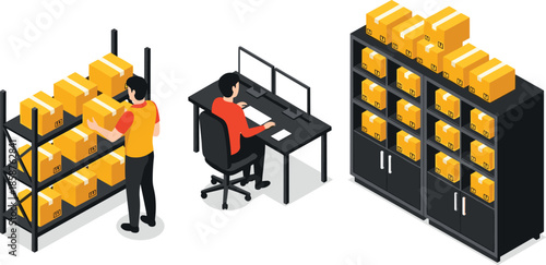 Warehouse storage illustration, inventory management system, parcel boxes, stock organization shelves, logistics workspace, fulfillment process, package sorting and monitoring