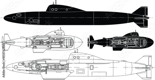 Submarine technical drawing vector illustration with detailed blueprints and cross section views, black and white naval vessel silhouette isolated on white background.