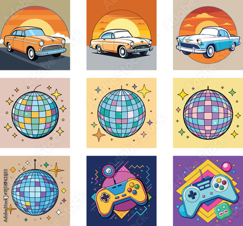 Retro Themed Vector Illustrations of Classic Cars, Disco Balls, and Game Controllers
