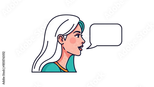 A young woman with long white hair and a teal headband speaks with a speech bubble beside her