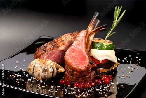 Rack of Lamb - The meat is cooked to medium rare, giving it a pink hue and a tender texture.The dish is garnished with roasted garlic, red currants, and a sprig of rosemary