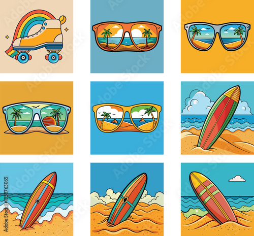 Summer Surfing Sunglasses Vector Illustration Set