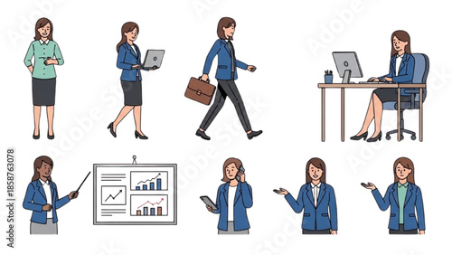 A professional woman in various business settings, actively working and presenting in a modern office environment from different viewpoints.