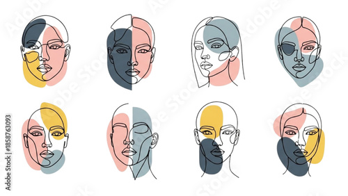 A collection of abstract facial illustrations showcasing diverse human emotions and features from various viewpoints