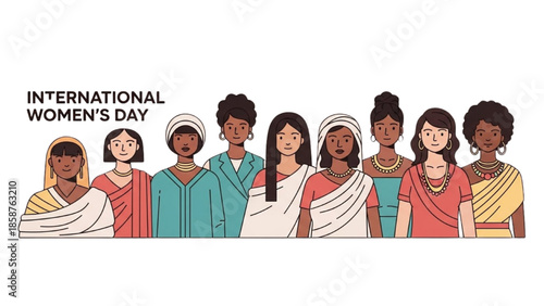 Diverse group of women from various cultures and backgrounds celebrating International Women's Day together in a vibrant illustration