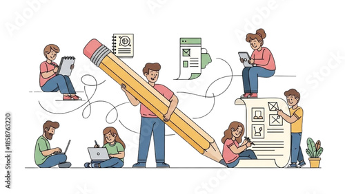 A group of people collaborating on a project with a giant pencil