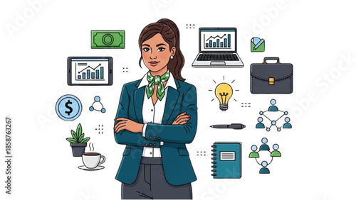A confident businesswoman surrounded by icons representing finance, technology, and teamwork in a modern office environment from a frontal viewpoint.