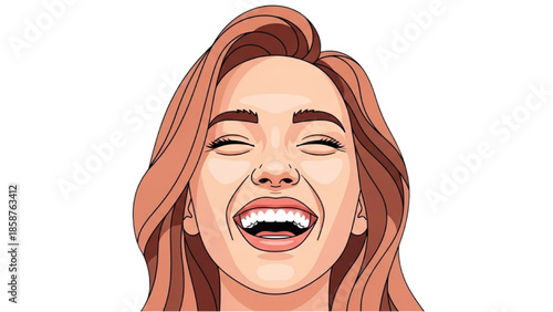 Illustration of a young woman laughing with her eyes closed and long hair flowing around her face