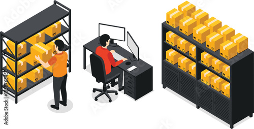 Warehouse storage illustration, parcel box shelves, inventory management workflow, stock organization system, logistics workspace, package handling, fulfillment process monitoring desk