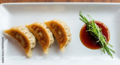 Three pan-fried gyoza dumplings with savory dipping sauce and herbs.