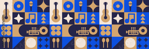 Abstract festival mosaic with music pattern for jazz party background.