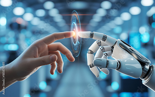 Human and Robot Hand Touching, AI Technology Partnership and Future Collaboration Concept