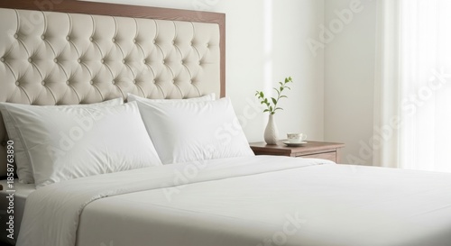 Serene bedroom with white bedding and tufted headboard