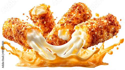 Mozzarella cheese sticks fried crispy golden crumbs gooey melt splash Delicious mozzarella cheese sticks with crispy golden crumbs, gooey melt and dynamic splash motion create appetizing, isolated