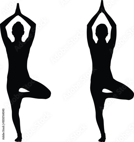 Yoga tree pose silhouettes of male and female practicing balance meditation for wellness, fitness, mindfulness, and healthy lifestyle concept