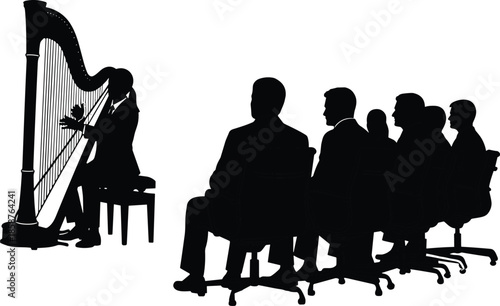 Harpist performing classical music before seated audience silhouettes during live concert, orchestra recital, cultural event illustration stage performance