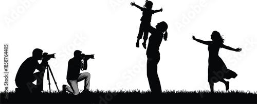Family moment silhouette with photographers capturing joyful parents and child outdoors, professional photography concept, lifestyle storytelling, and emotional documentary scene