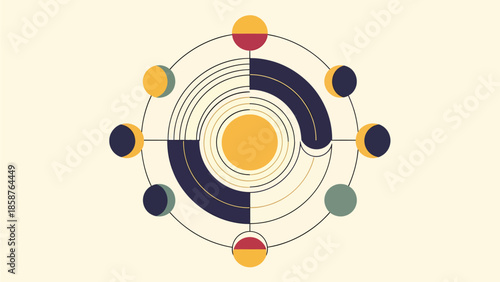 Abstract geometric illustration of interconnected circles and rings in a modern design