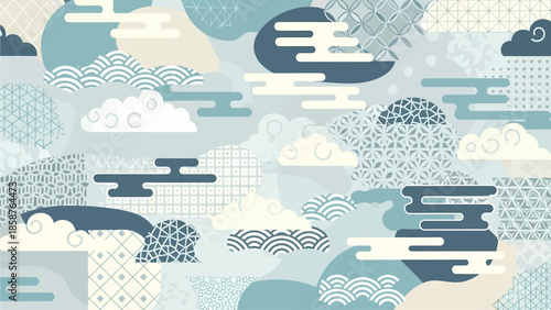 An artistic illustration of clouds and hills in a serene landscape viewed from above