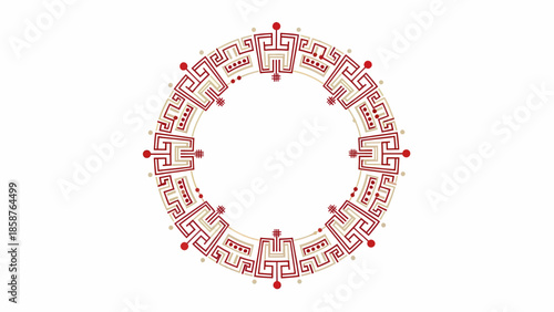 An intricate red circular pattern with geometric designs on a white background viewed from directly above