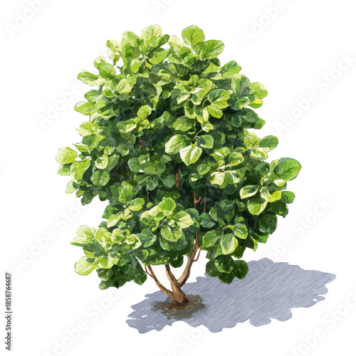 Isometric watercolor graphic of Ficus Tree, neatly isolated on white background.