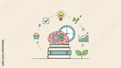 Illustration of a brain on top of books surrounded by educational symbols and growth icons