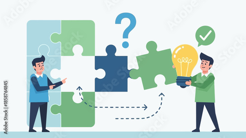 Two men collaborating to solve a puzzle, one holding a lightbulb idea, symbolizing problem-solving and innovation.