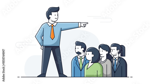 A business leader addressing a group of professionals with confidence and authority in a modern corporate setting from a frontal viewpoint.