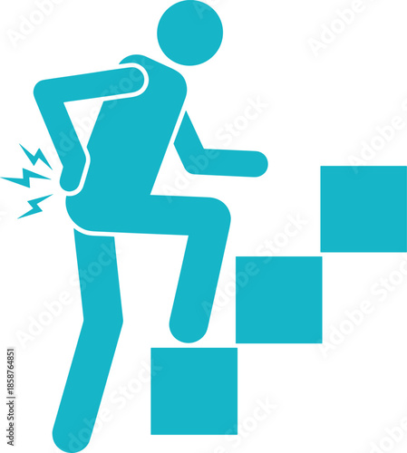 Stylized human figure climbing stairs with lower back pain symbol highlighting injury risk, ergonomics, healthcare awareness and physical strain concept