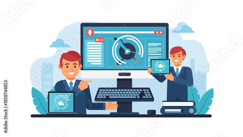 Two business professionals discussing global data analytics on a large computer screen in a modern office environment from a frontal viewpoint