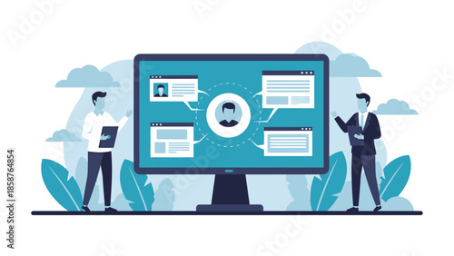 Two businessmen collaborating on a digital project displayed on a large computer monitor, surrounded by abstract cloud and plant elements.