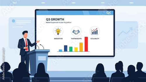 Businessman presenting quarterly growth statistics to audience in a conference room with a large screen display